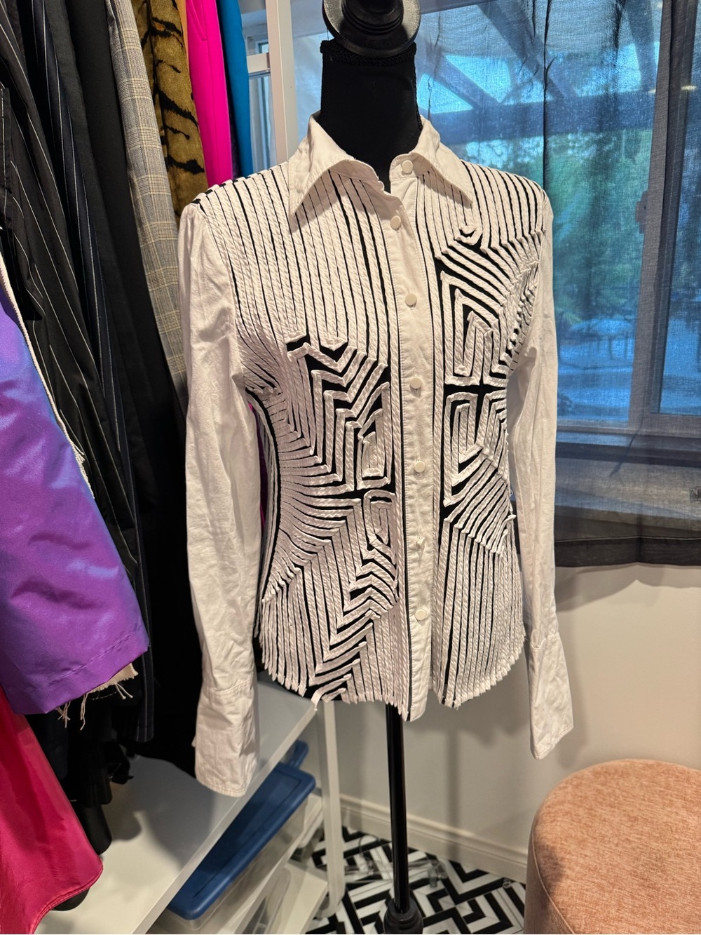 Vintage 90s Obstinée by IKA Black White Mesh Ribbon Art Wear Blouse 12